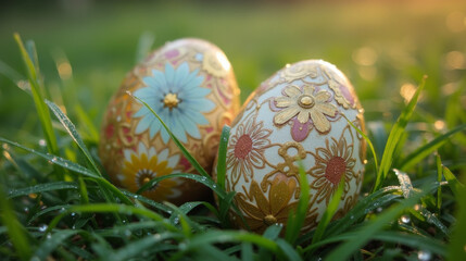 A beautifully detailed Easter egg with intricate floral patterns rests among fresh grass in the soft morning light.
