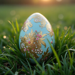 A beautifully detailed Easter egg with intricate floral patterns rests among fresh grass in the soft morning light.