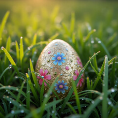 A beautifully detailed Easter egg with intricate floral patterns rests among fresh grass in the soft morning light.