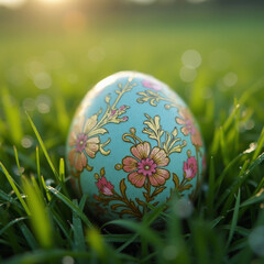 A beautifully detailed Easter egg with intricate floral patterns rests among fresh grass in the soft morning light.