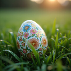 A beautifully detailed Easter egg with intricate floral patterns rests among fresh grass in the soft morning light.