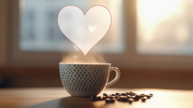Coffee cup with rising heart-shaped steam on wooden table. Cozy morning beverage concept. Valentine's day romantic drink idea for love and affection.