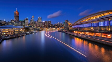 Fototapeta premium Sydney Darling Harbour Night Cityscape: Illuminated Skyline and Waterfront Reflections