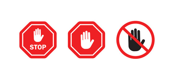 Red STOP sign icon set and sign with hand and stop sign vector icon set illustration  isolated on white background. 