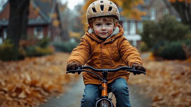 Child on bike, autumnal street, focused look, outdoor activity, potential for family lifestyle stock image