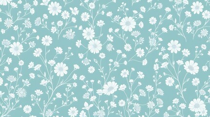 A seamless floral pattern with delicate white flowers and leaves on a soft teal background, perfect for textiles, wallpapers, and digital designs