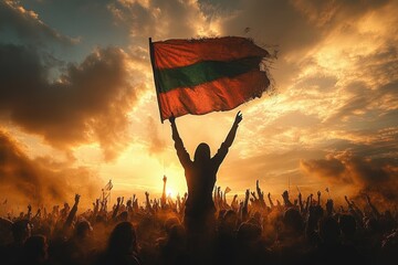 Palestinian Man Silhouette Waving Flag Over Supportive Crowd at Sunset
