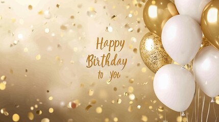 Gold and white balloons with confetti celebrate a special birthday occasion