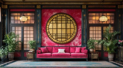 Pink velvet sofa, Asian interior design, luxury room, plants, decorative wall