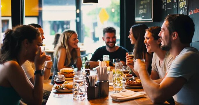 Friends enjoying a meal in a casual restaurant.  Possible use Stock photo for food, friendship, dining, socializing, restaurant, cafe