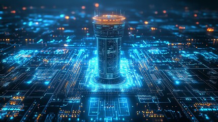 Digital tower on futuristic circuit board