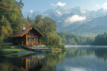 Obraz premium Cabin by the lake with mountain backdrop and morning mist