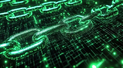 Obraz premium Cyber-security blockchain network concept, matrix-style glowing lines connecting decentralized nodes