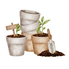 Watercolor illustration pots with sprouts, wooden sign and garden trowel. Realistic style. Symbol of growth and beginning of new life. Suitable for printing on postcards, wallpapers, social networks