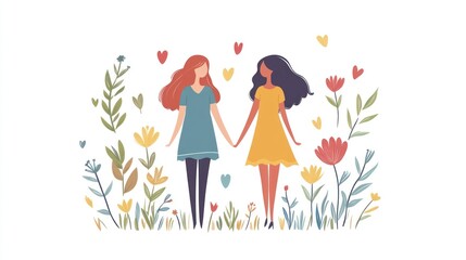 Two women holding hands in a floral garden setting