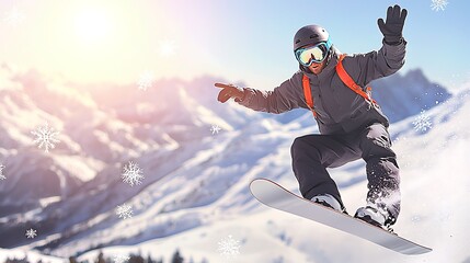 Snowboarder soaring through snowy mountain air, enjoying exhilarating winter sports