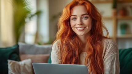 A woman with red hair is sitting on a couch with a laptop in front of her. She is smiling and she is happy