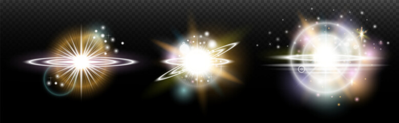 Set of flash light effect with glare and glow on a transparent background. Magic, rainbow glow, shining light, stars, optical flares for design, photomontage, New Year and holiday projects.