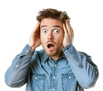 A shocked young man's face, mouth open in a scream of surprise on transparent background