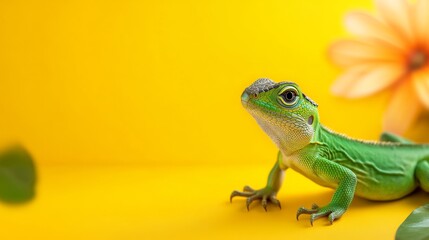 Fototapeta premium A green lizard is on a yellow background. The lizard is looking at the camera. The background has a yellow color and a flower