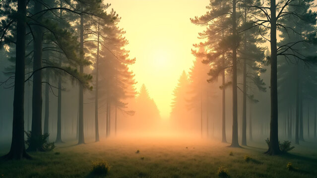 A misty forest at sunrise with golden light filtering through tall pine trees.

