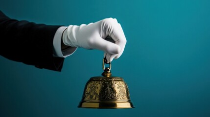 Elegant Hand in White Glove Holding Vintage Reception Bell Against Blue Background