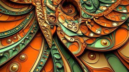 Abstract orange and green composition with intricate patterns and circular forms showcasing fluid textures and vibrant colors