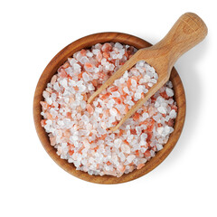 Top view of bowl and scoop with Himalayan salt isolated on white background