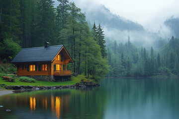Fototapeta premium Cabin by the lake surrounded by trees and mist