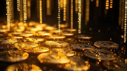 Digital gold coins cascading through glowing binary code, futuristic financial concept