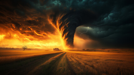 Swirling Tornado at Sunset in a Calm Field – Nature's Power Captured