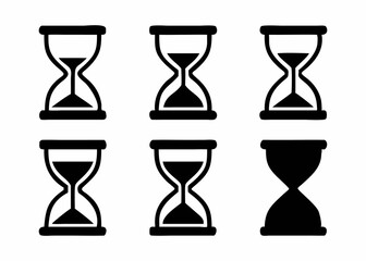 A collection of black outline hourglass icons, each showing a different stage of time passing.