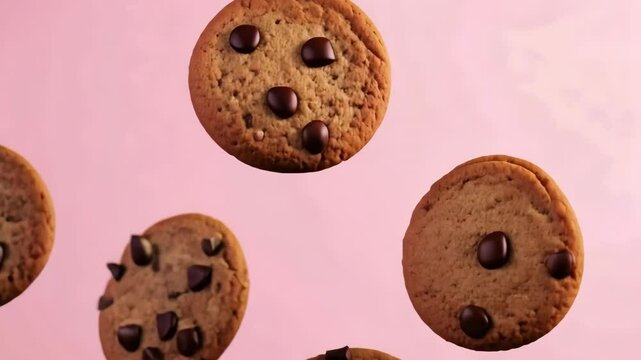 Cookies Levitation. Creative food template. Chocolate chip cookie bursting flying in midair on a pink color background. Magazine, banner, advertisement. Copy text space. Falling broken biscuits