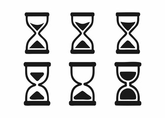 A collection of black outline hourglass icons, each showing a different stage of time passing.