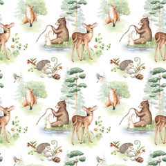 Watercolor nursery seamless pattern. Cute baby deer, bear, bunny, fox, hedgehog, snail. Hand drawn wild forest illustration. Funny design for print, textile, wrapping, wallpaper, fabric, card.