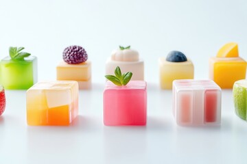 Colorful, cubed desserts arranged on a white background, featuring various fruit and creamy layers