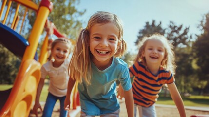 Children play joyfully on a playground in the afternoon sunlight, enjoying laughter and friendship together
