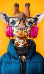 A giraffe wearing glasses and headphones. The giraffe is smiling and he is enjoying the music