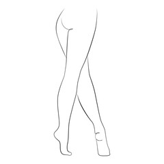 Slender long female legs one line drawing on white isolated background