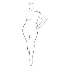 Curvy woman one line drawing on white isolated background. Plus size model, body positive concept