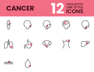 Cancer icon set with highlighted outline style