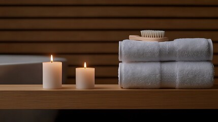 Spa-like setting with lit candles, neatly stacked towels, and a wooden brush on a shelf