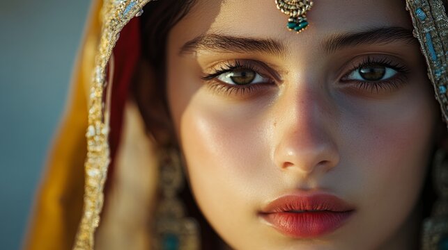 Close-Up Portrait of a Beautiful Woman with Emerald Jewelry and Traditional Headscarf