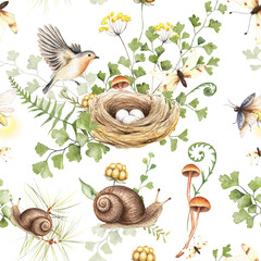 Watercolor botanical seamless pattern. Snail, moth, bird, nest with eggs, mushroom, wildflower, herb, cloudberry, fern. Springtime hand drawn illustration for textile, wrapping, scrapbooking, prints