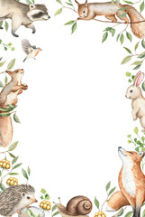 Watercolor forest animals composition. Hand drawn illustration. Cute fox, raccoon, squirrel, rabbit, hedgehog. Frame design with woodland wild baby creatures and greenery. Poster, invitation, card.