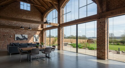 Obraz premium Living Room Interior with Brick Walls and Large Glass Doors View