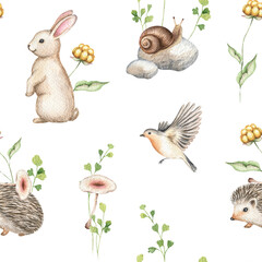 Watercolor seamless pattern with cute baby animals. White bunny, hedgehog, snail, bird, herbs, cloudberry. Hand drawn illustration. For print, wallpaper, wrapping, textile, fabric, scrapbooking.