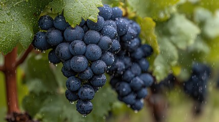 Dark Purple Grapes Glistening with Rain on Lush Green Vine