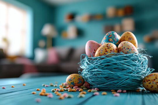 Bunt gef&auml;rbte Ostereier im Nest auf blauem Holztisch im Wohnzimmer

