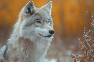 Obraz premium Wolf standing in an autumn field with a peaceful expression